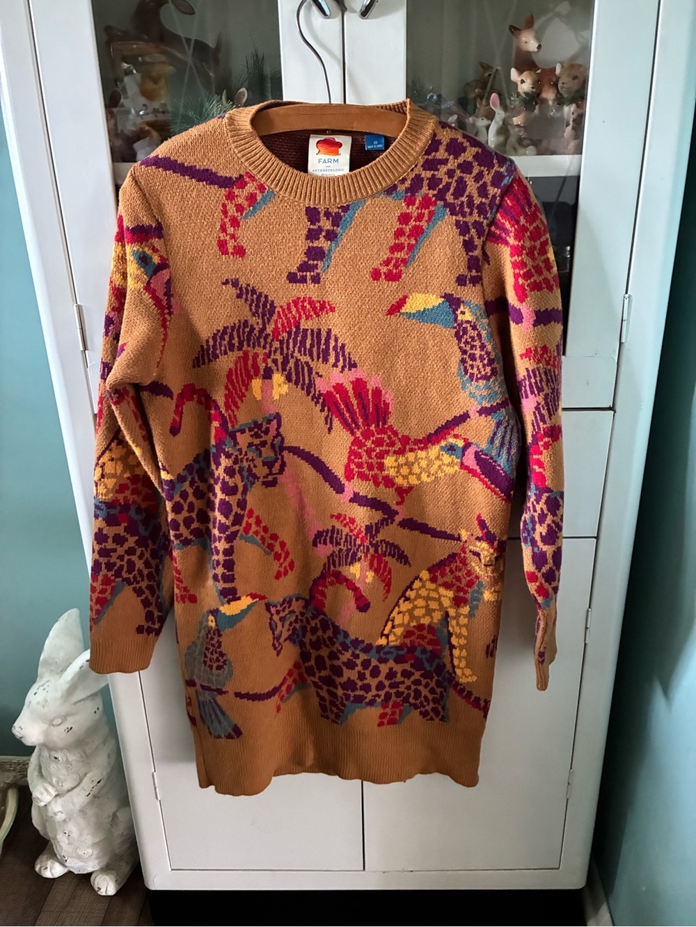 Farm for Anthropologie sz XS Camel Multicolor Animal-Print Sweater Dress euc